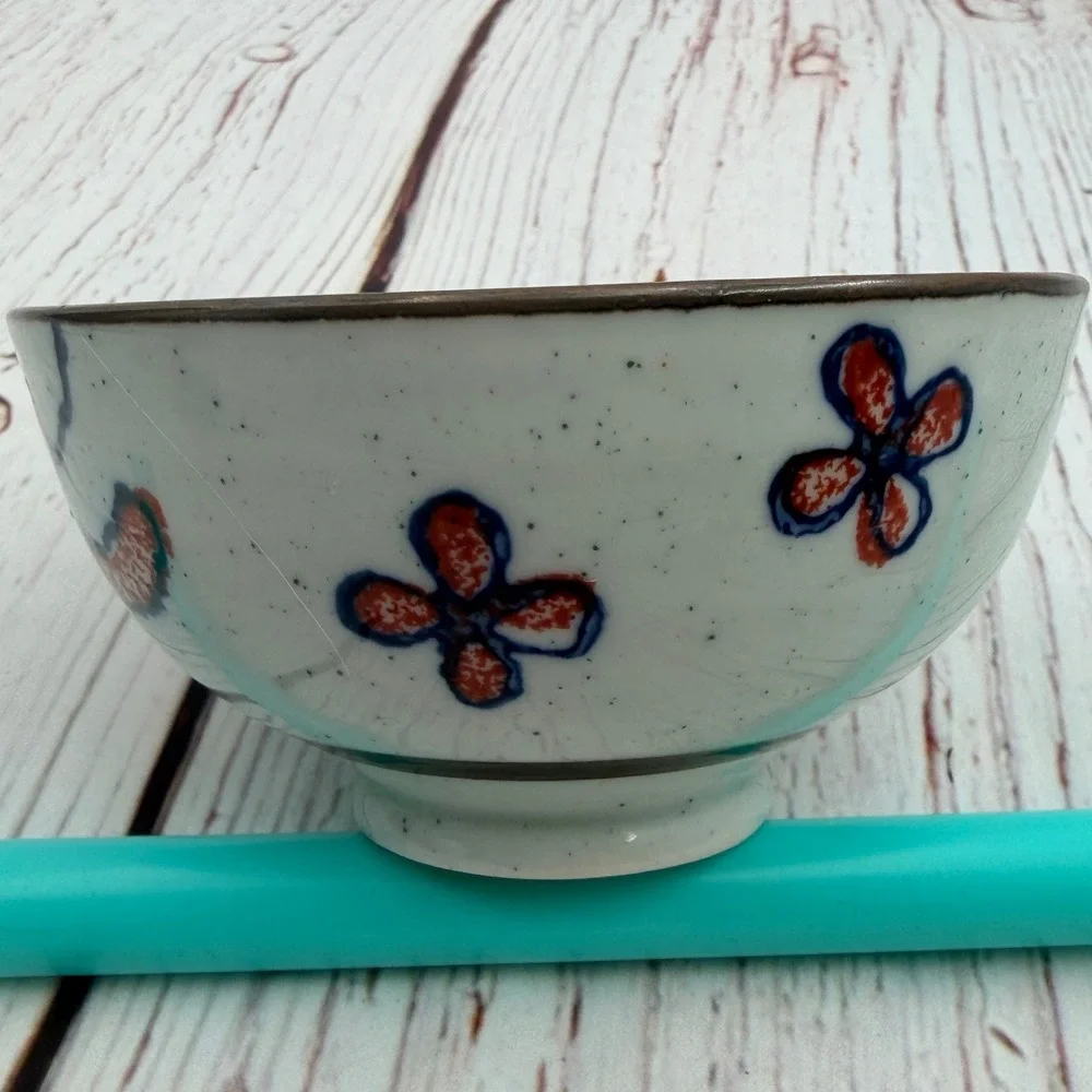 Japanese Iga-yaki Ceramic Cat Rice Bowl‎ Hand Painted Speckled Blue Orange 4.5